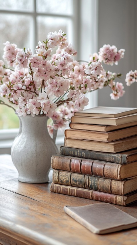 Front Shot of a Desk with Stacked Books – Feminine Blogger Aesthetic (163)