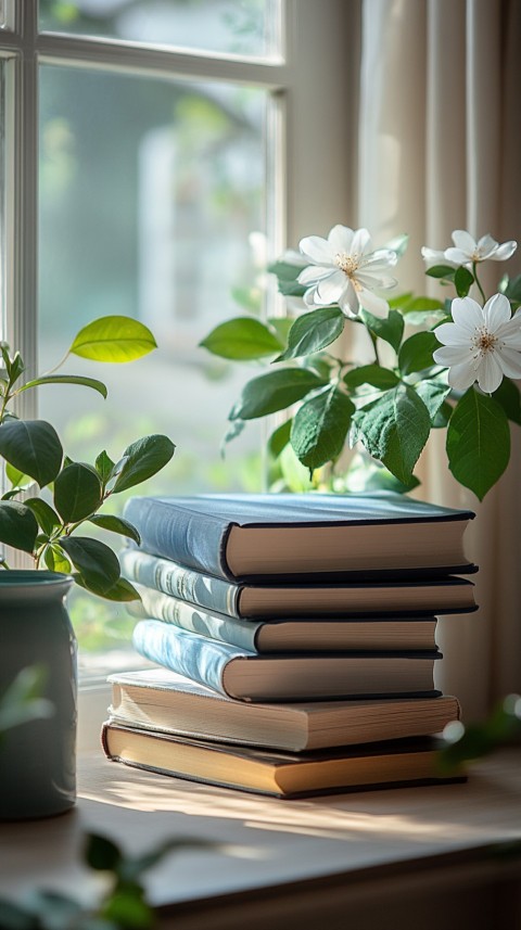 Front Shot of a Desk with Stacked Books – Feminine Blogger Aesthetic (180)