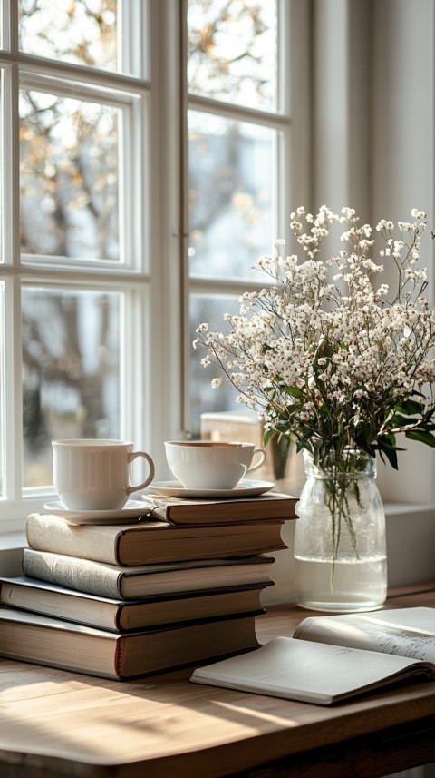 Front Shot of a Desk with Stacked Books – Feminine Blogger Aesthetic (164)