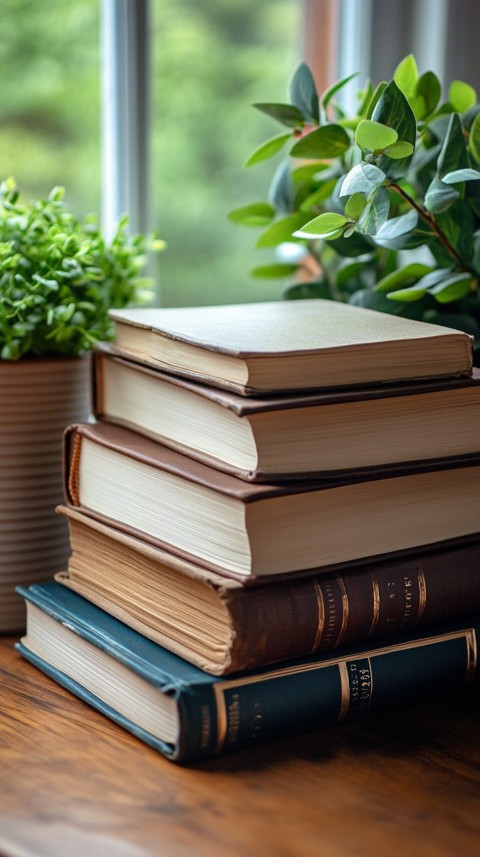 Front Shot of a Desk with Stacked Books – Feminine Blogger Aesthetic (162)