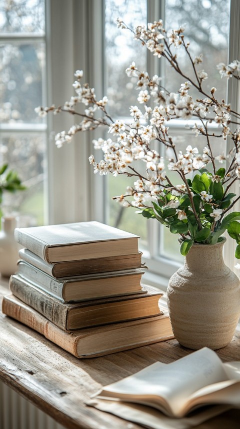 Front Shot of a Desk with Stacked Books – Feminine Blogger Aesthetic (185)