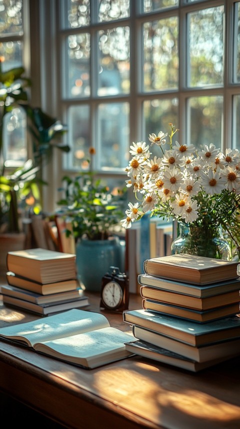 Front Shot of a Desk with Stacked Books – Feminine Blogger Aesthetic (161)