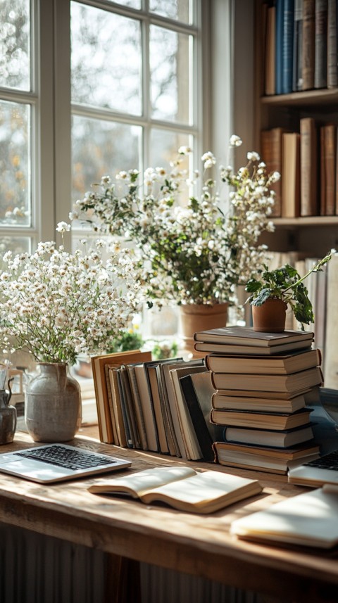 Front Shot of a Desk with Stacked Books – Feminine Blogger Aesthetic (165)