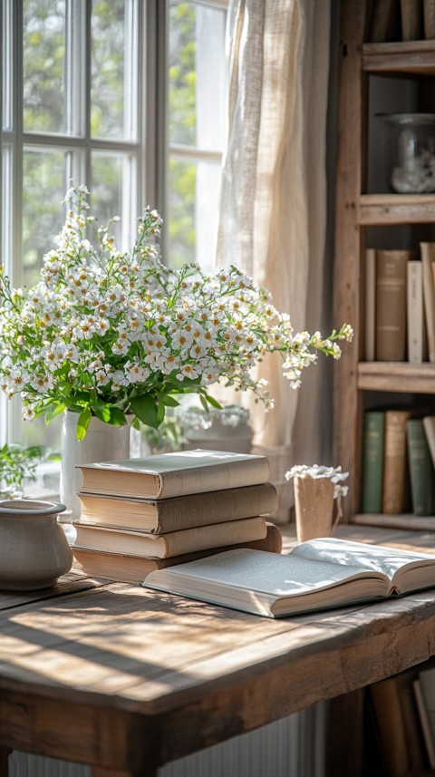 Front Shot of a Desk with Stacked Books – Feminine Blogger Aesthetic (176)