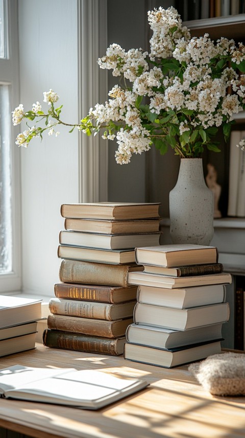 Front Shot of a Desk with Stacked Books – Feminine Blogger Aesthetic (158)