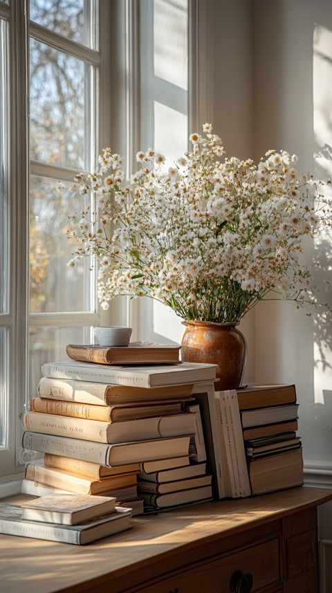 Front Shot of a Desk with Stacked Books – Feminine Blogger Aesthetic (152)