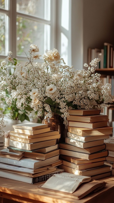 Front Shot of a Desk with Stacked Books – Feminine Blogger Aesthetic (184)