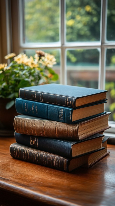 Front Shot of a Desk with Stacked Books – Feminine Blogger Aesthetic (159)