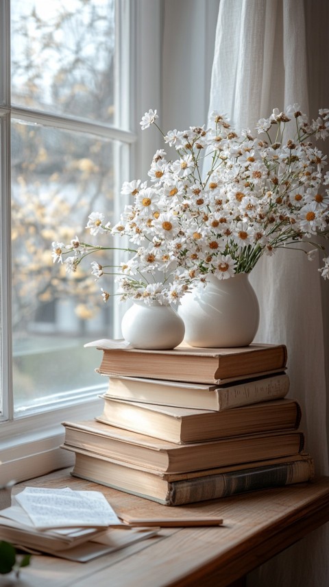 Front Shot of a Desk with Stacked Books – Feminine Blogger Aesthetic (205)