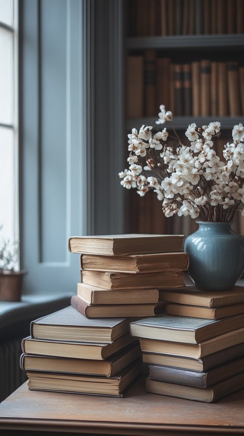 Front Shot of a Desk with Stacked Books – Feminine Blogger Aesthetic (201)