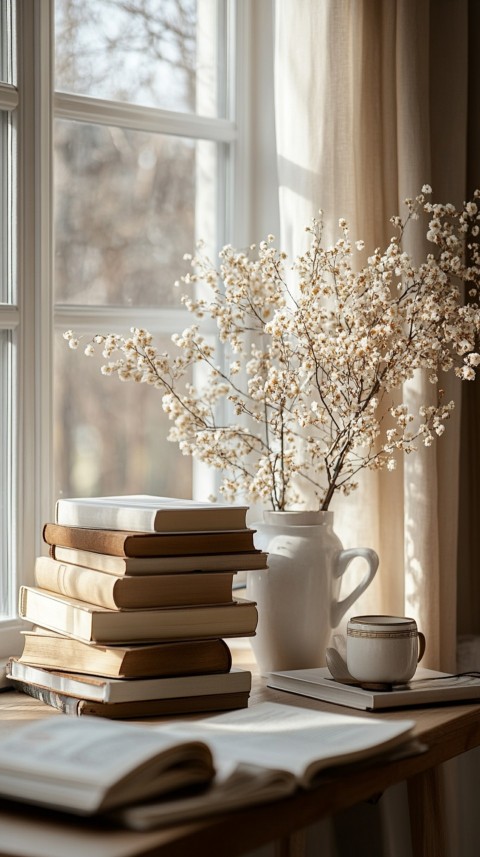 Front Shot of a Desk with Stacked Books – Feminine Blogger Aesthetic (208)