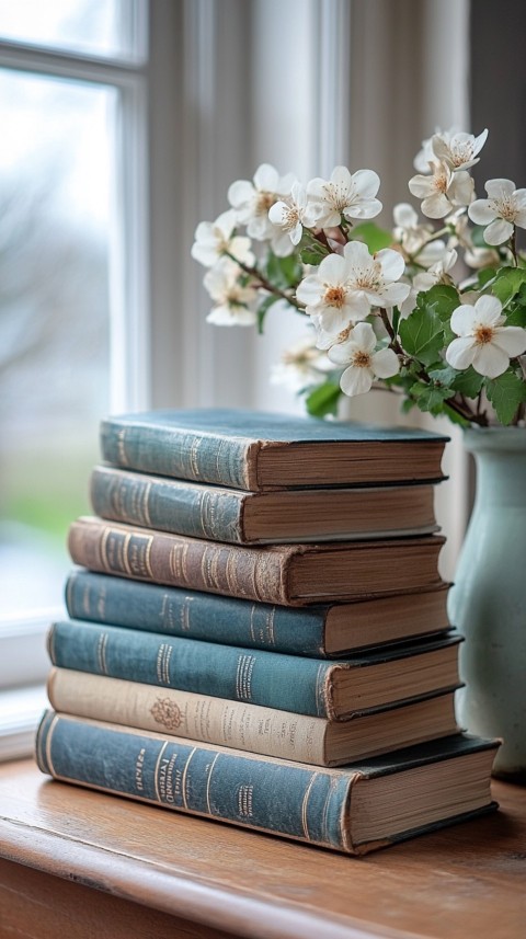 Front Shot of a Desk with Stacked Books – Feminine Blogger Aesthetic (211)