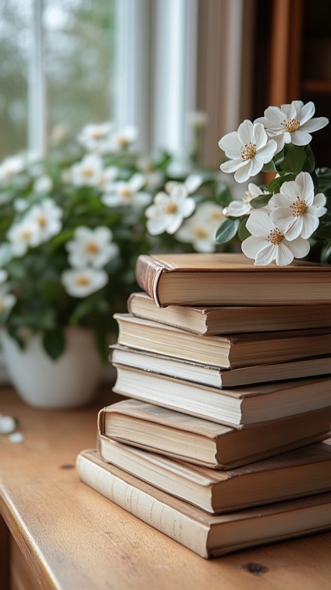 Front Shot of a Desk with Stacked Books – Feminine Blogger Aesthetic (226)