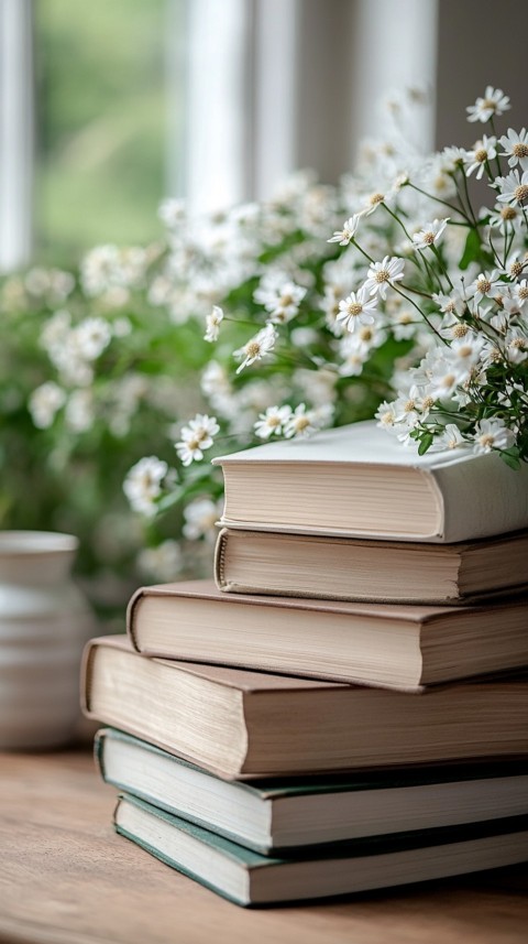 Front Shot of a Desk with Stacked Books – Feminine Blogger Aesthetic (231)