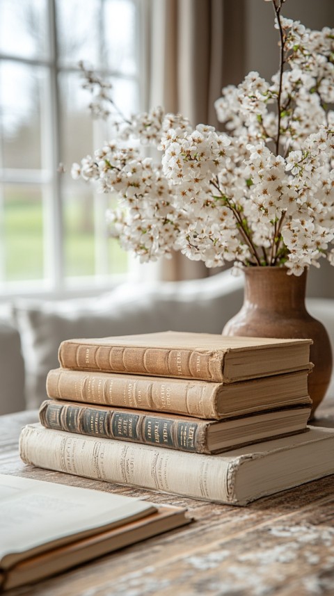 Front Shot of a Desk with Stacked Books – Feminine Blogger Aesthetic (237)