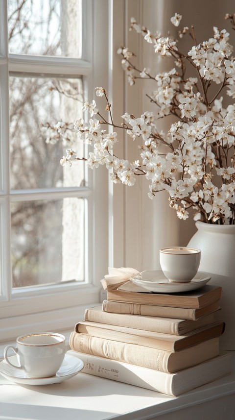 Front Shot of a Desk with Stacked Books – Feminine Blogger Aesthetic (236)