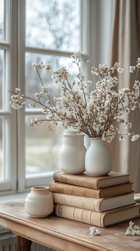 Front Shot of a Desk with Stacked Books – Feminine Blogger Aesthetic (229)