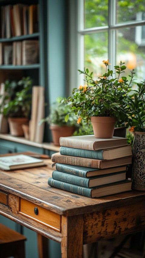 Front Shot of a Desk with Stacked Books – Feminine Blogger Aesthetic (232)