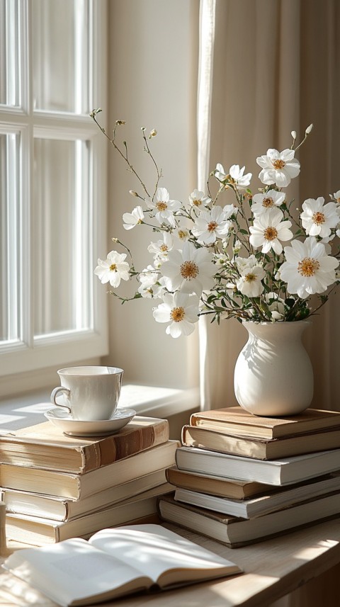 Front Shot of a Desk with Stacked Books – Feminine Blogger Aesthetic (223)