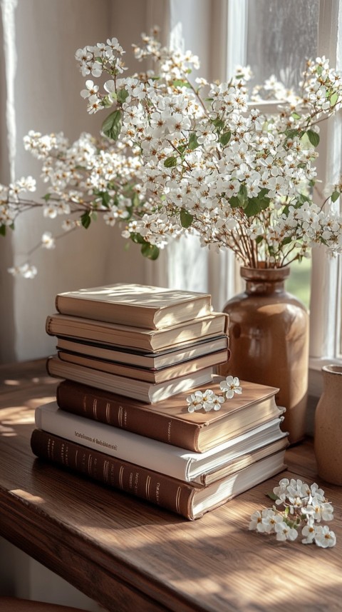 Front Shot of a Desk with Stacked Books – Feminine Blogger Aesthetic (204)