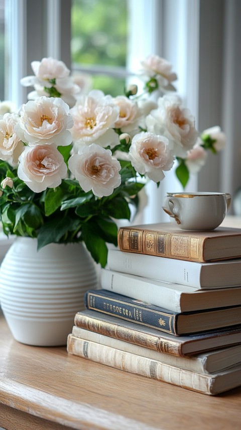 Front Shot of a Desk with Stacked Books – Feminine Blogger Aesthetic (213)