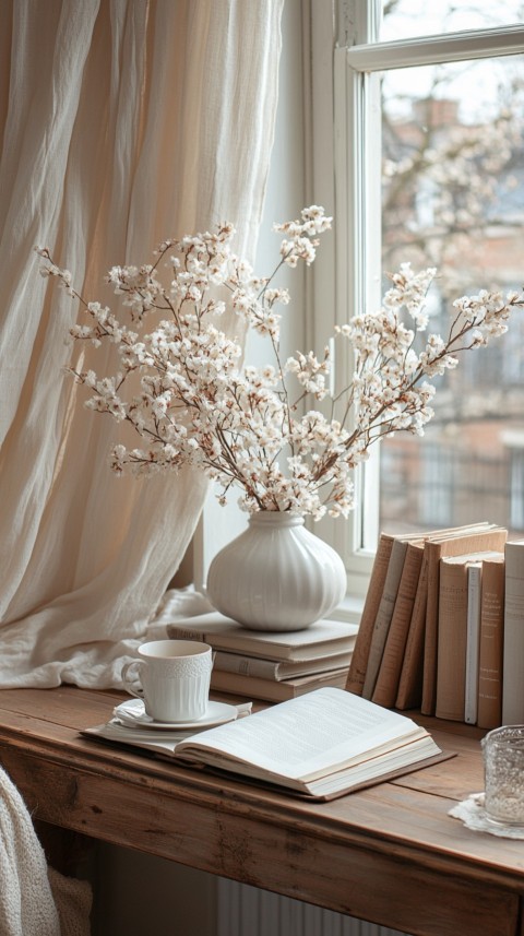 Front Shot of a Desk with Stacked Books – Feminine Blogger Aesthetic (218)