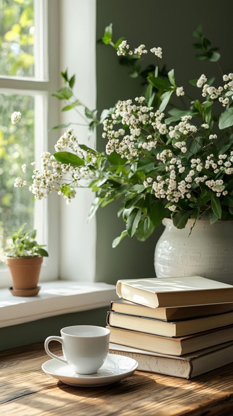 Front Shot of a Desk with Stacked Books – Feminine Blogger Aesthetic (238)