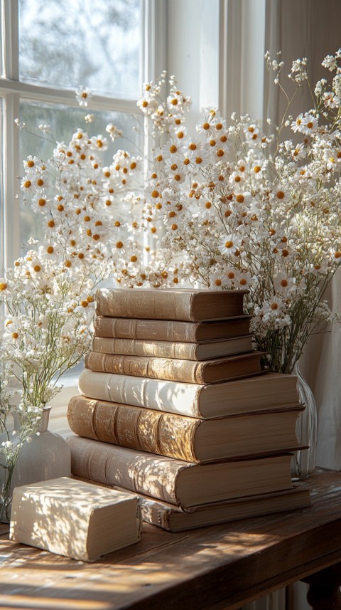 Front Shot of a Desk with Stacked Books – Feminine Blogger Aesthetic (233)