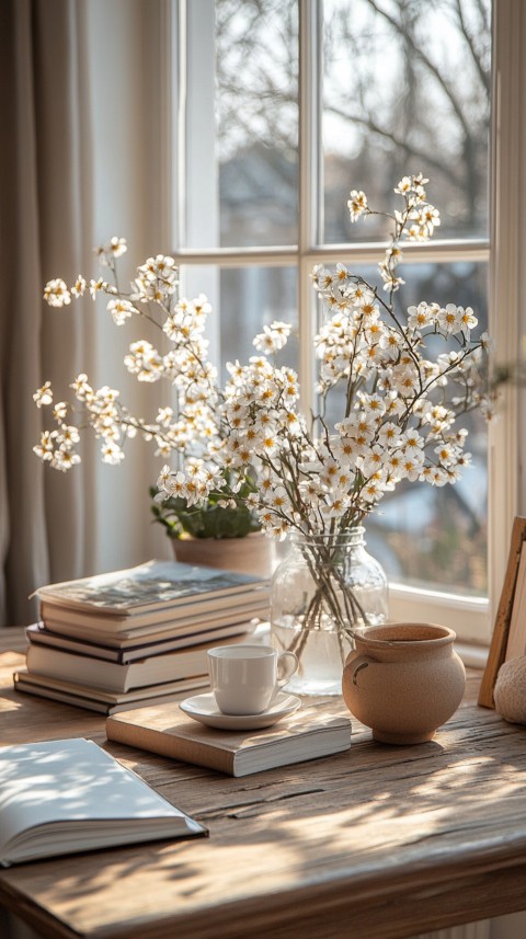 Front Shot of a Desk with Stacked Books – Feminine Blogger Aesthetic (228)