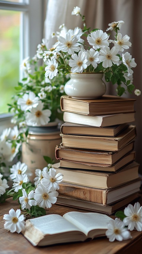 Front Shot of a Desk with Stacked Books – Feminine Blogger Aesthetic (217)