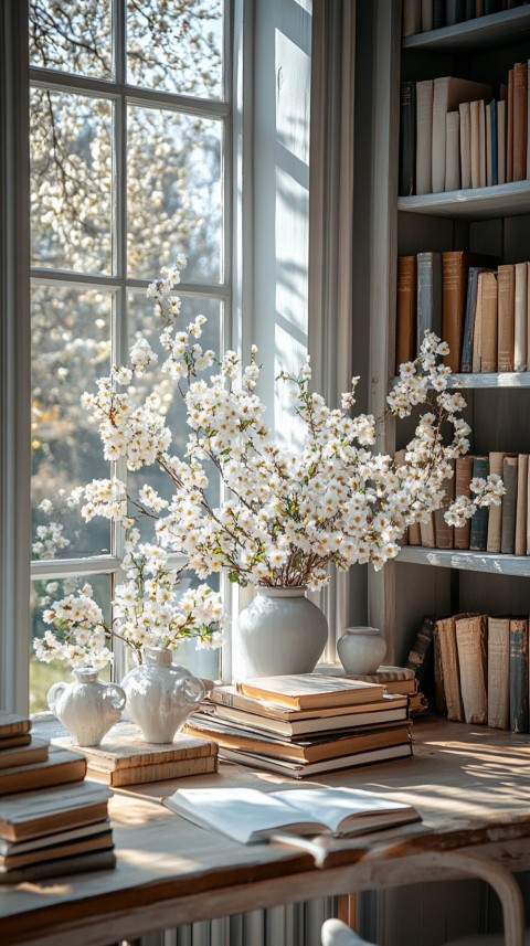 Front Shot of a Desk with Stacked Books – Feminine Blogger Aesthetic (219)