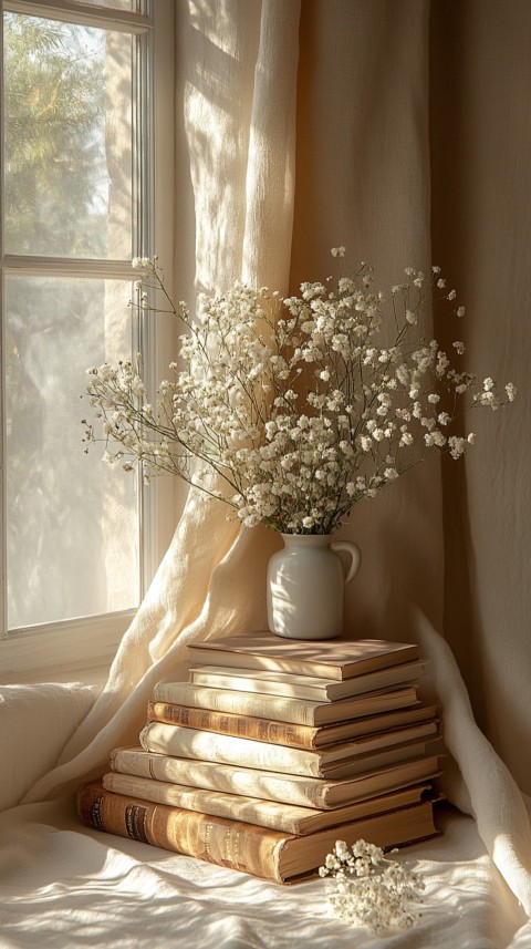 Front Shot of a Desk with Stacked Books – Feminine Blogger Aesthetic (225)