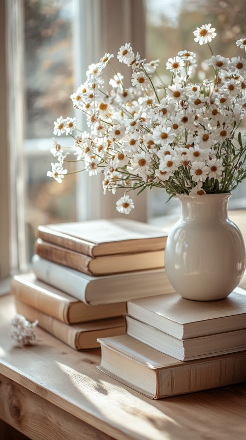 Front Shot of a Desk with Stacked Books – Feminine Blogger Aesthetic (259)