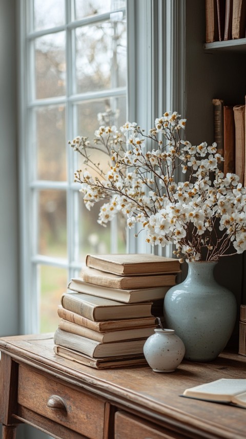 Front Shot of a Desk with Stacked Books – Feminine Blogger Aesthetic (249)