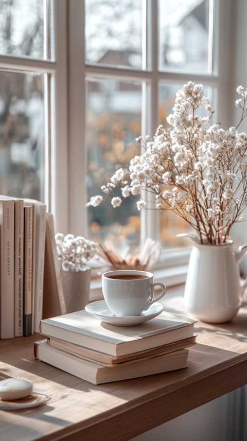 Front Shot of a Desk with Stacked Books – Feminine Blogger Aesthetic (268)