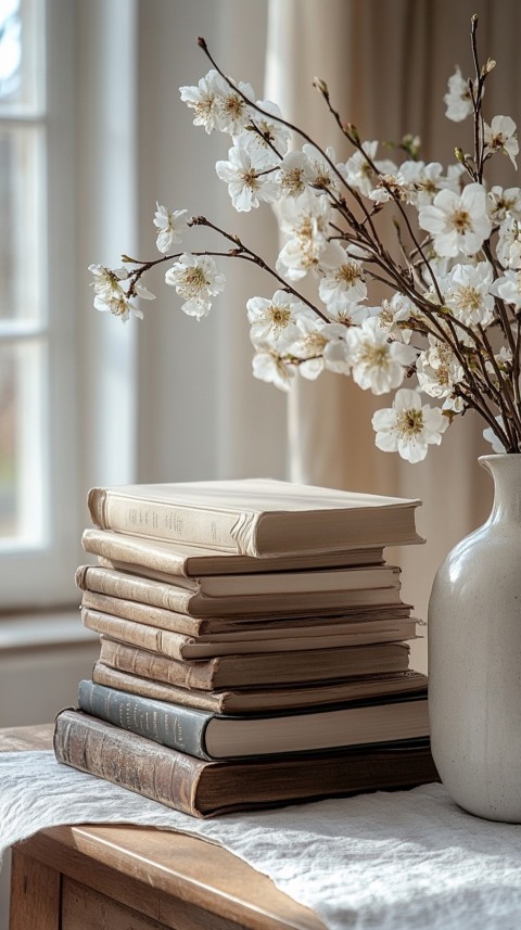 Front Shot of a Desk with Stacked Books – Feminine Blogger Aesthetic (256)