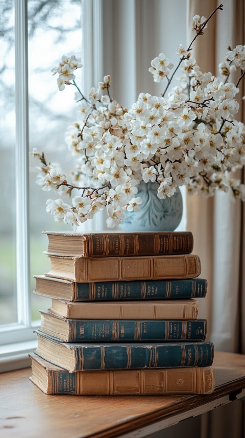 Front Shot of a Desk with Stacked Books – Feminine Blogger Aesthetic (258)