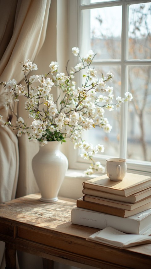 Front Shot of a Desk with Stacked Books – Feminine Blogger Aesthetic (243)