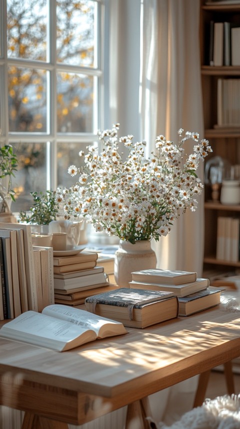 Front Shot of a Desk with Stacked Books – Feminine Blogger Aesthetic (267)