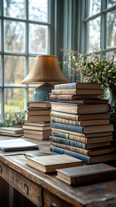 Front Shot of a Desk with Stacked Books – Feminine Blogger Aesthetic (255)