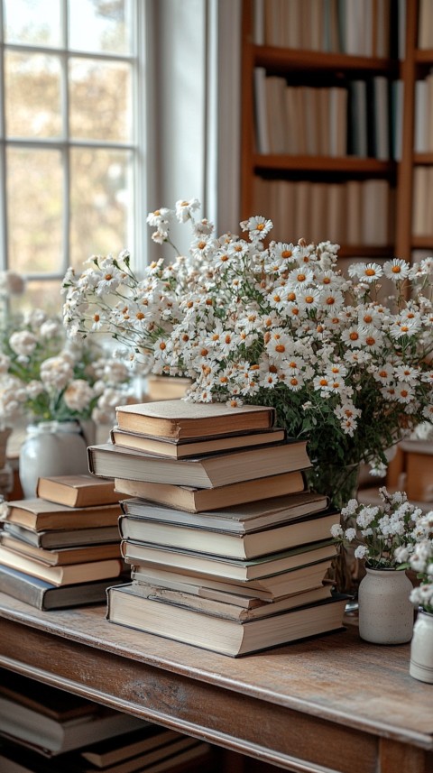 Front Shot of a Desk with Stacked Books – Feminine Blogger Aesthetic (241)