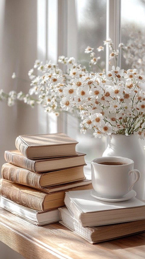 Front Shot of a Desk with Stacked Books – Feminine Blogger Aesthetic (245)