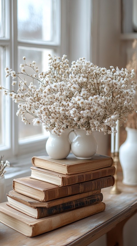 Front Shot of a Desk with Stacked Books – Feminine Blogger Aesthetic (244)