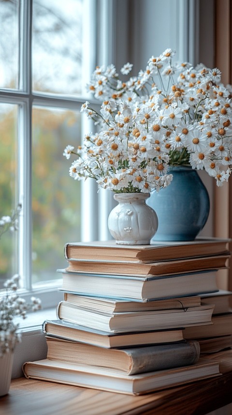 Front Shot of a Desk with Stacked Books – Feminine Blogger Aesthetic (252)