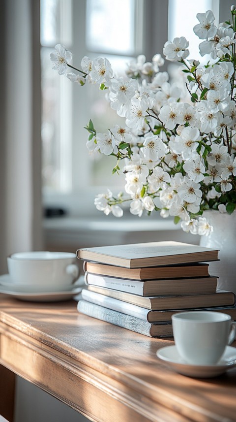 Front Shot of a Desk with Stacked Books – Feminine Blogger Aesthetic (269)