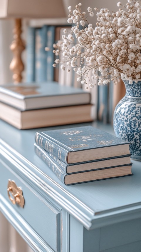 Front Shot of a Desk with Stacked Books – Feminine Blogger Aesthetic (265)