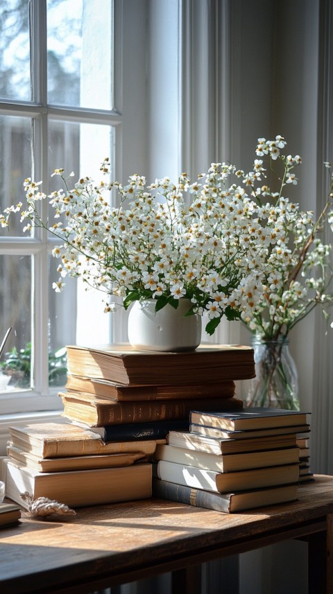 Front Shot of a Desk with Stacked Books – Feminine Blogger Aesthetic (260)