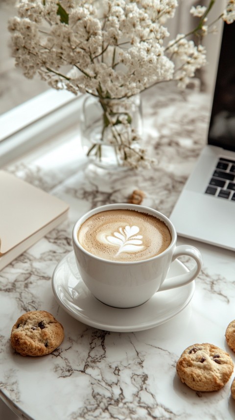 Top Shot of a Desk with Work Essentials – Laptop, Notebooks, Pen, Coffee, and Cookies – Feminine Blogger Aesthetic (123)