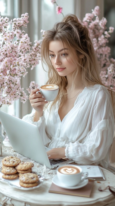 Top Shot of a Desk with Work Essentials – Laptop, Notebooks, Pen, Coffee, and Cookies – Feminine Blogger Aesthetic (129)