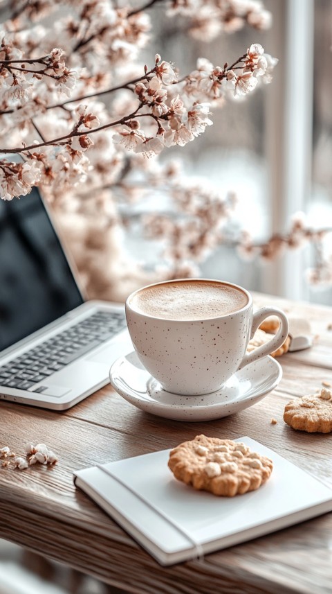 Top Shot of a Desk with Work Essentials – Laptop, Notebooks, Pen, Coffee, and Cookies – Feminine Blogger Aesthetic (126)